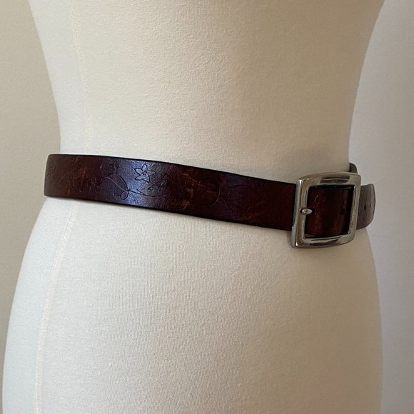 Floral Embossed Leather Belt with Solid Brass Buckle Vintage Brown Leather Belt - Picture 4 of 8